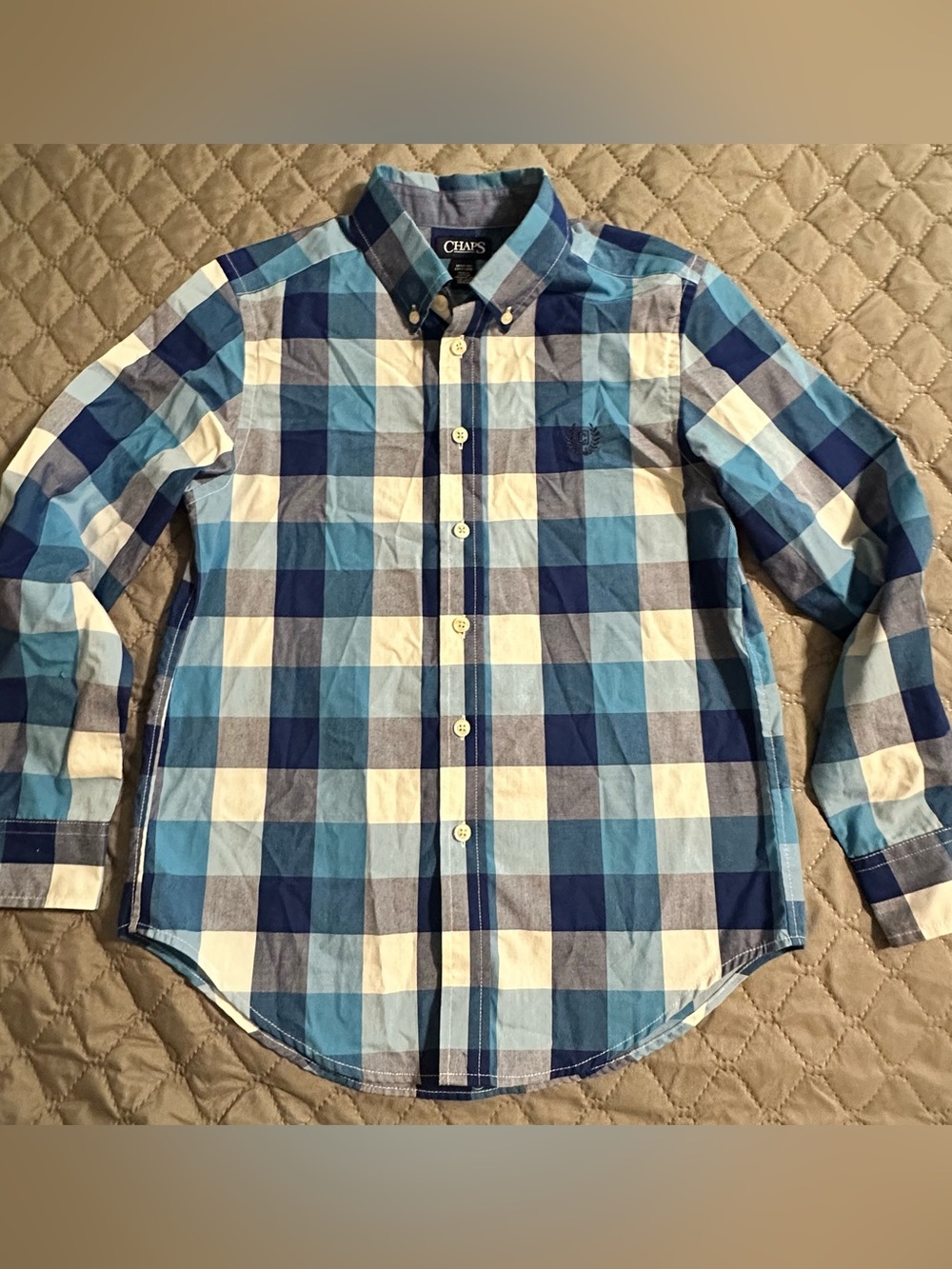 Boy’s Chaps Blue and White Plaid Button-Down Shirt - size M